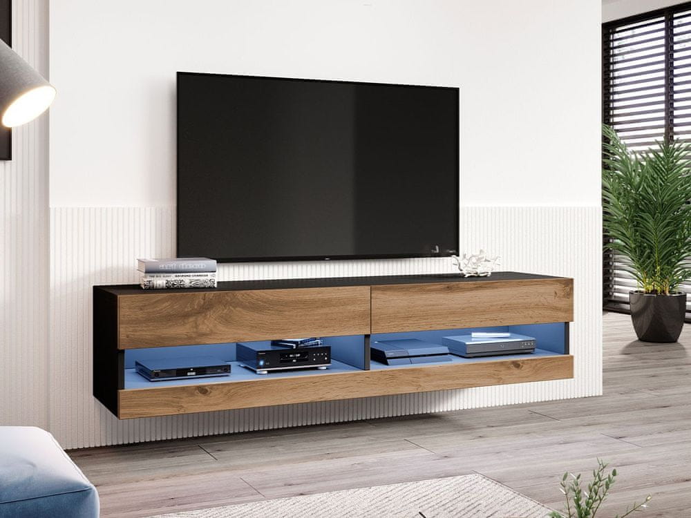 Veneti TV stolík s LED modrým osvetlením 180 cm ASHTON 1 - čierny / dub wotan
